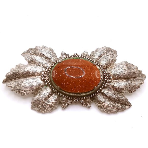 Vintage Brooch Oval Brown Goldstone Leaf Design Silver Tone Metal Textured Pin - Picture 1 of 7